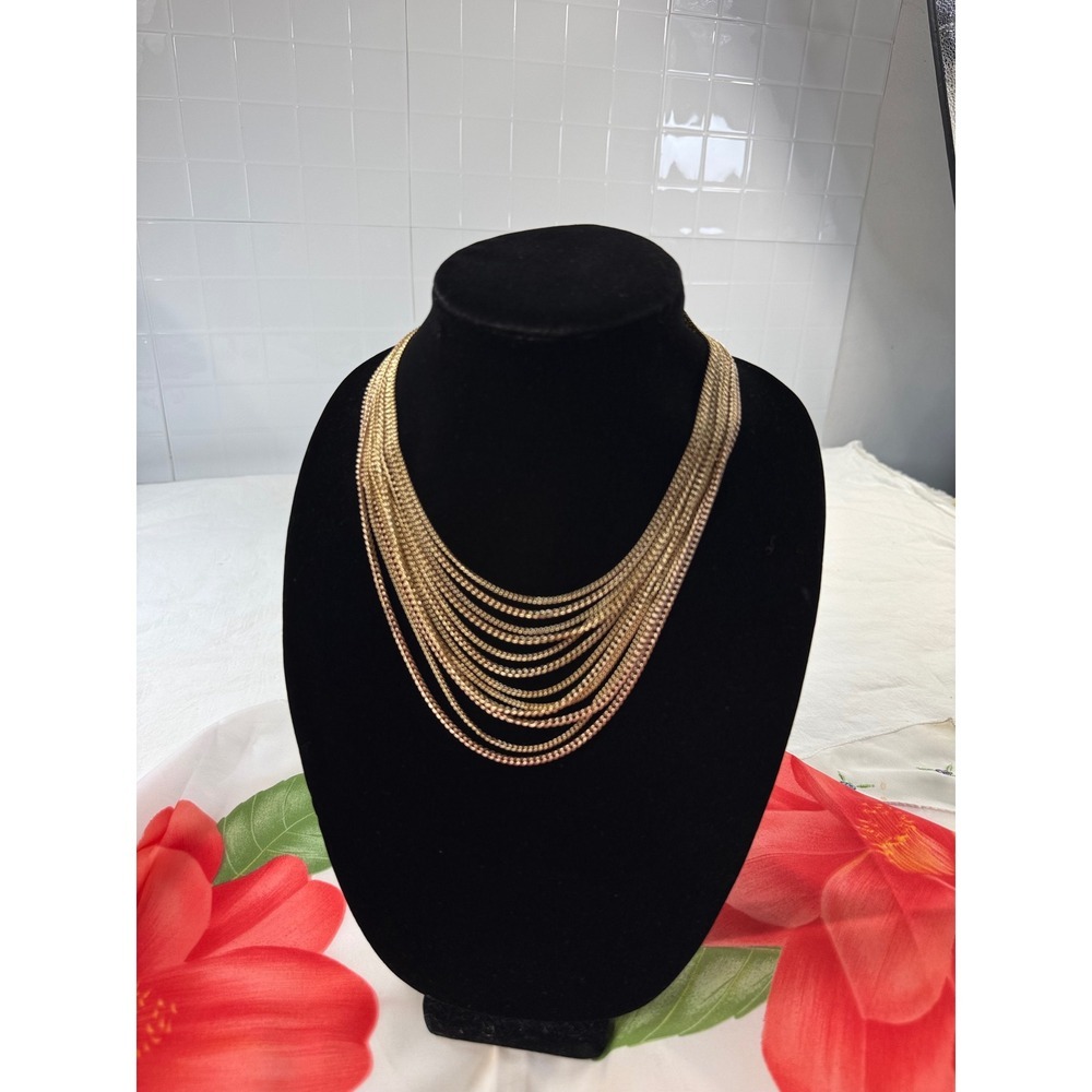 Vintageja japan Multi Strand Gold Tone Curb Chain‎ Bib Statement Necklace